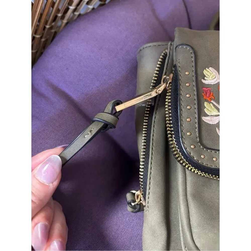 Olive Green Mini Backpack Purse with Red Rose Flower Embroidered Details
